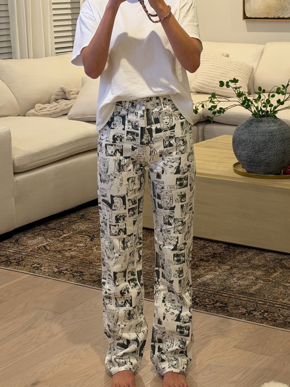 Reformation White Graphic Straight-Leg Pants